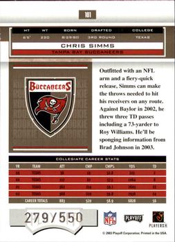 2003 Playoff Honors #101 Chris Simms Back