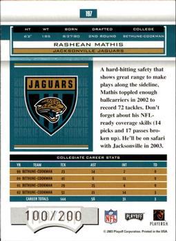 2003 Playoff Honors #197 Rashean Mathis Back