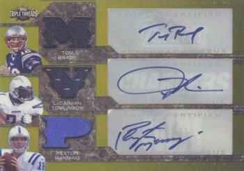 2008 Topps Triple Threads - Autographed Relic Triple Gold #TTRCA-9 Tom Brady / LaDainian Tomlinson / Peyton Manning Front