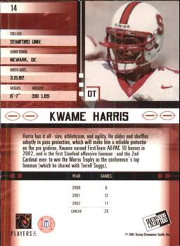 2003 Press Pass JE #14 Kwame Harris Back