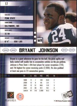 2003 Press Pass JE #17 Bryant Johnson Back
