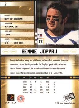 2003 Press Pass JE #21 Bennie Joppru Back