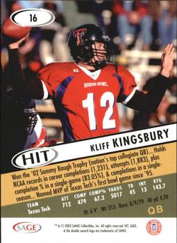 2003 SAGE HIT #16 Kliff Kingsbury Back
