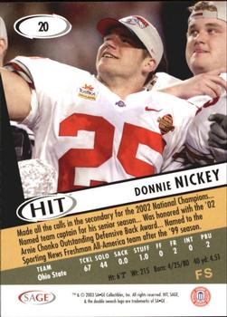 2003 SAGE HIT #20 Donnie Nickey Back