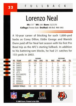 2003 Score #22 Lorenzo Neal Back
