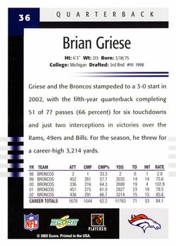 2003 Score #36 Brian Griese Back