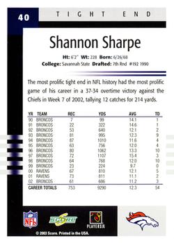 2003 Score #40 Shannon Sharpe Back