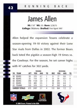 2003 Score #42 James Allen Back