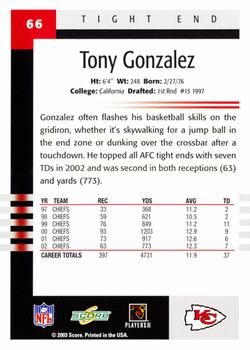 2003 Score #66 Tony Gonzalez Back