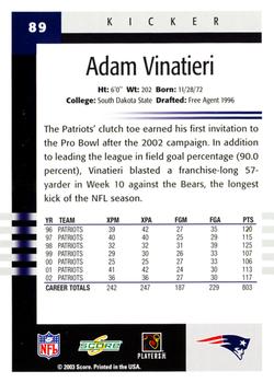 2003 Score #89 Adam Vinatieri Back