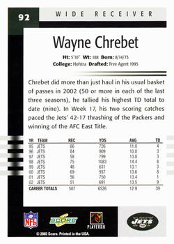2003 Score #92 Wayne Chrebet Back