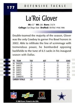 2003 Score #177 La'Roi Glover Back