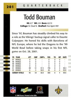 2003 Score #201 Todd Bouman Back