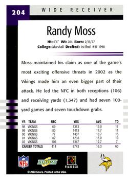 2003 Score #204 Randy Moss Back