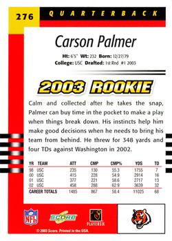 2003 Score #276 Carson Palmer Back