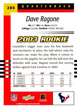 2003 Score #280 Dave Ragone Back
