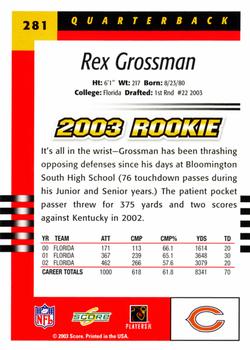 2003 Score #281 Rex Grossman Back