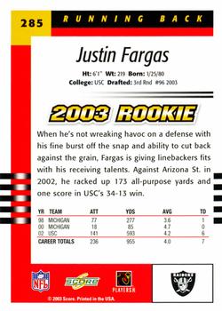 2003 Score #285 Justin Fargas Back