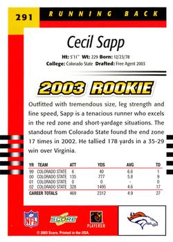 2003 Score #291 Cecil Sapp Back