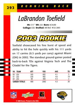 2003 Score #293 LaBrandon Toefield Back