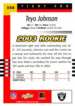 2003 Score #308 Teyo Johnson Back