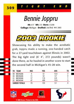 2003 Score #309 Bennie Joppru Back