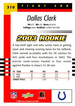 2003 Score #310 Dallas Clark Back
