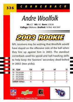 2003 Score #326 Andre Woolfolk Back
