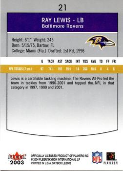 2003 SkyBox LE #21 Ray Lewis Back