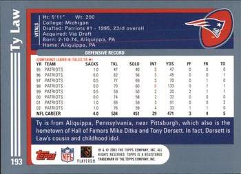 2003 Topps #193 Ty Law Back