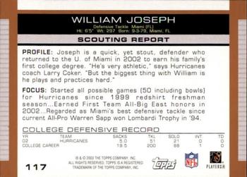 2003 Topps Draft Picks & Prospects #117 William Joseph Back