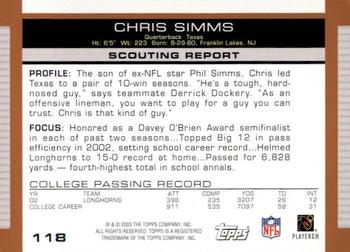 2003 Topps Draft Picks & Prospects #118 Chris Simms Back