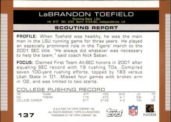 2003 Topps Draft Picks & Prospects #137 LaBrandon Toefield Back