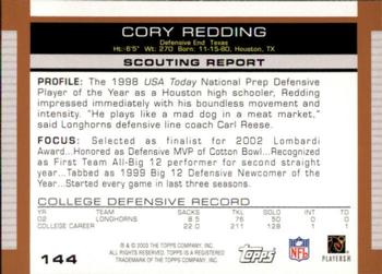 2003 Topps Draft Picks & Prospects #144 Cory Redding Back