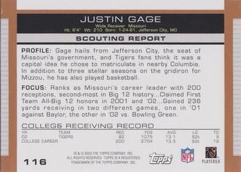 2003 Topps Draft Picks & Prospects #116 Justin Gage Back