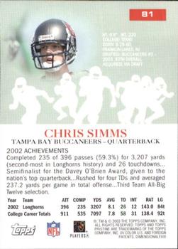2003 Topps Pristine #81 Chris Simms Back