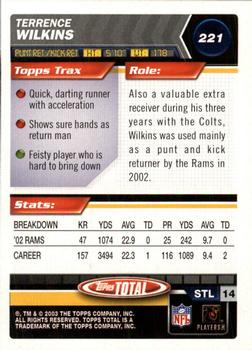 2003 Topps Total #221 Terrence Wilkins Back