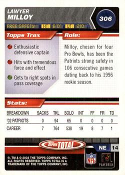 2003 Topps Total #306 Lawyer Milloy Back