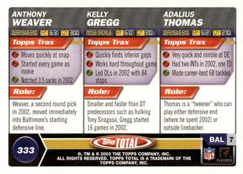2003 Topps Total #333 Adalius Thomas / Anthony Weaver / Kelly Gregg Back