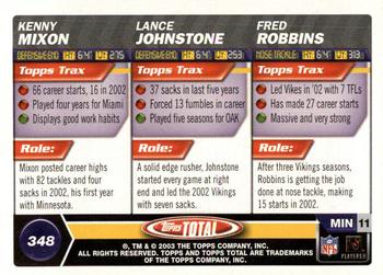 2003 Topps Total #348 Kenny Mixon / Lance Johnstone / Fred Robbins Back