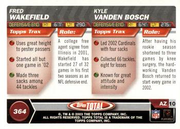 2003 Topps Total #364 Fred Wakefield / Kyle Vanden Bosch Back
