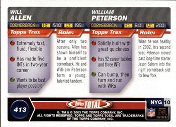 2003 Topps Total #413 Will Allen / William Peterson Back