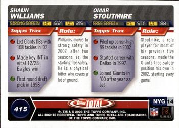 2003 Topps Total #415 Omar Stoutmire / Shaun Williams Back