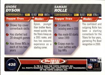 2003 Topps Total #438 Andre Dyson / Samari Rolle Back