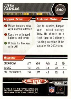 2003 Topps Total #540 Justin Fargas Back