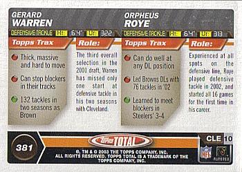 2003 Topps Total #381 Gerard Warren / Orpheus Roye Back