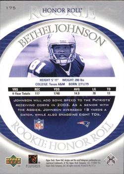 2003 Upper Deck Honor Roll #175 Bethel Johnson Back