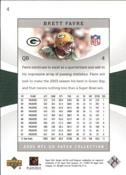 2003 UD Patch Collection #4 Brett Favre Back
