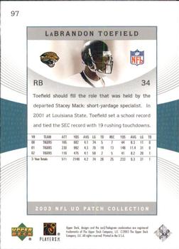 2003 UD Patch Collection #97 LaBrandon Toefield Back
