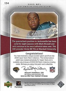 2003 UD Patch Collection #134 Byron Leftwich Back